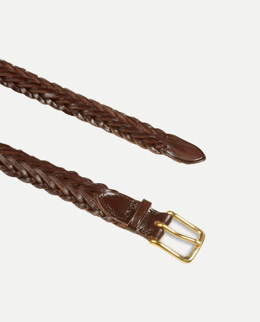 Plaited bridle leather belt dark havana with gold plated brass buckle