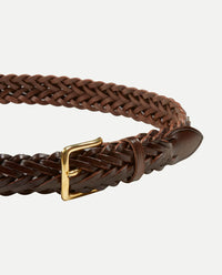 Plaited bridle leather belt dark havana with gold plated brass buckle