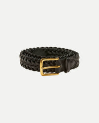 Plaited bridle leather belt dark havana with gold plated brass buckle